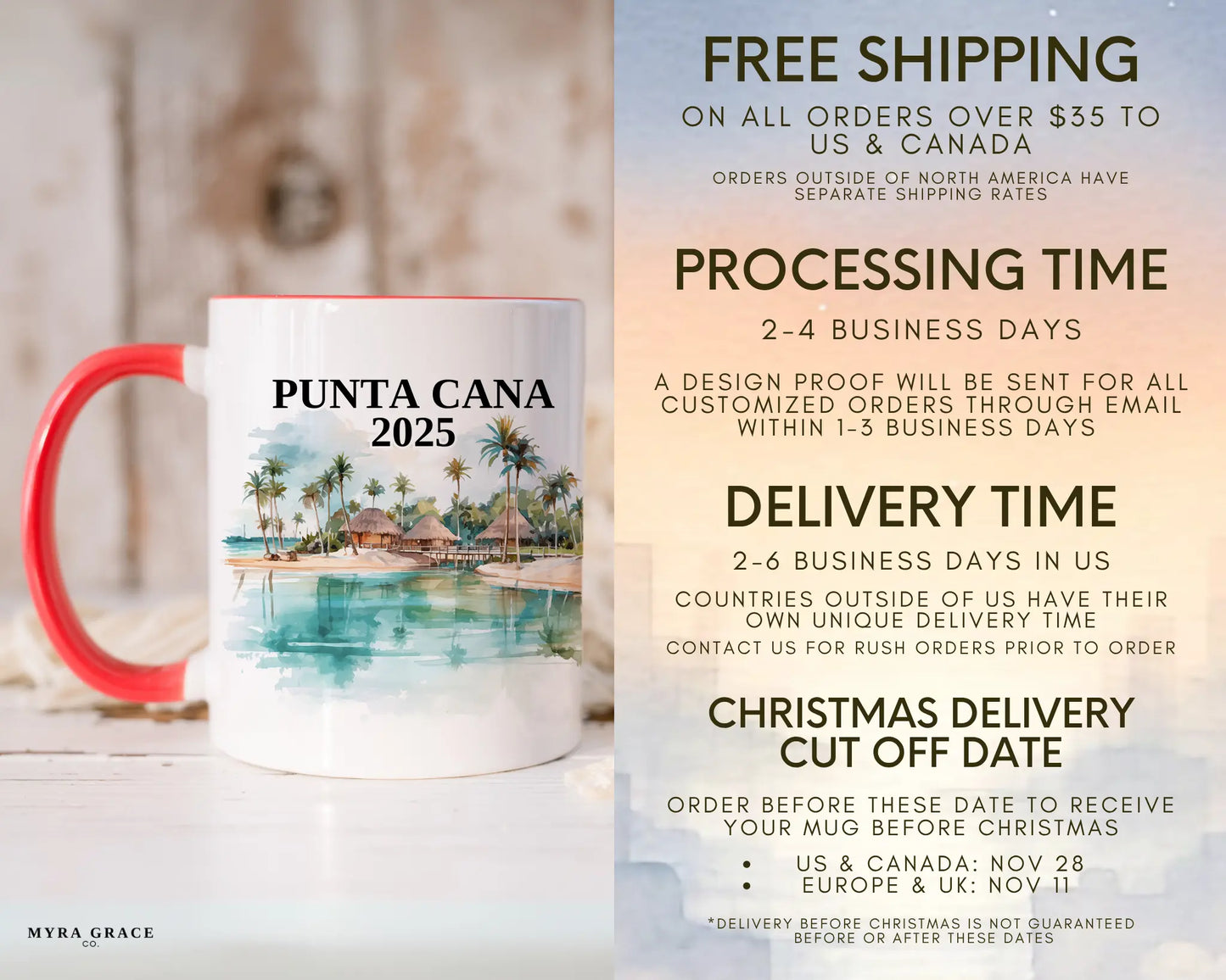 Custom ceramic Punta Cana vacation mug with watercolor location design, date, and personal photo – personalized travel gift or photo mug. Free shipping