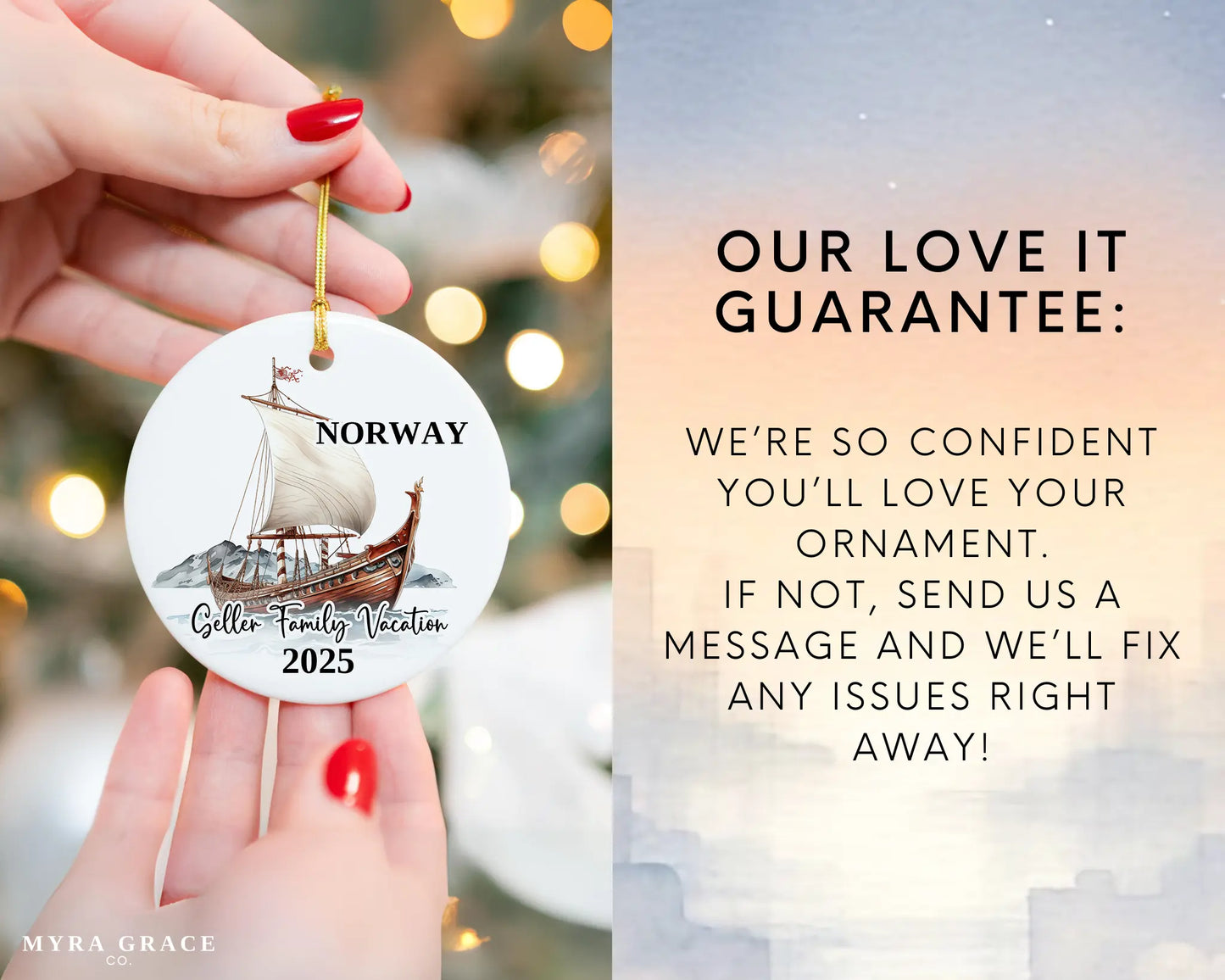 Custom vacation Norway ceramic photo ornament with personalized message – handmade Christmas bauble, gift souvenir, or vacation keepsake. 