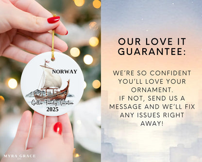 Custom vacation Norway ceramic photo ornament with personalized message – handmade Christmas bauble, gift souvenir, or vacation keepsake. 