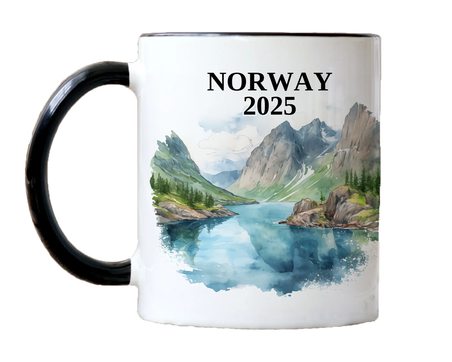 Custom ceramic Norway vacation mug with watercolor location design, date, and personal photo – personalized travel gift or photo mug. 