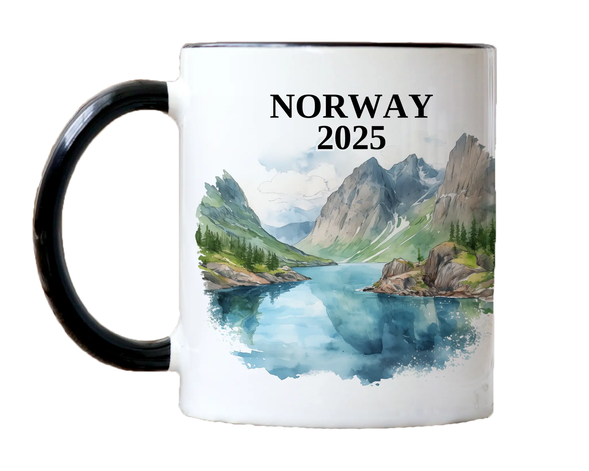 Custom ceramic Norway vacation mug with watercolor location design, date, and personal photo – personalized travel gift or photo mug. 