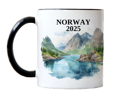 Custom ceramic Norway vacation mug with watercolor location design, date, and personal photo – personalized travel gift or photo mug. 