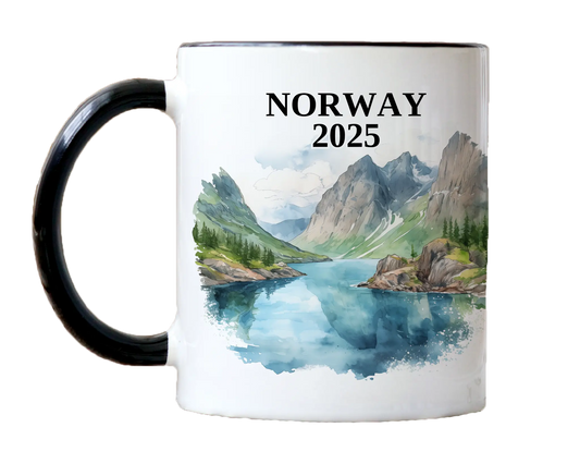 Custom ceramic Norway vacation mug with watercolor location design, date, and personal photo – personalized travel gift or photo mug. 