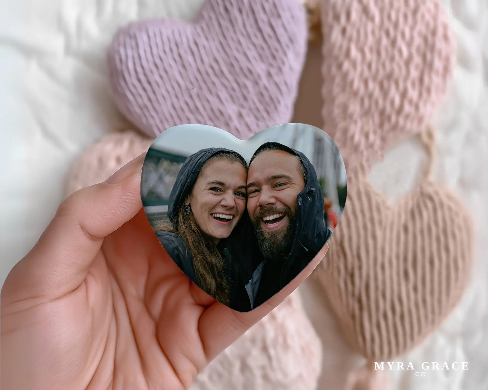 Heart-shaped custom couples ceramic photo magnet on fridge – handmade personalized gift or Christmas fridge magnet. 