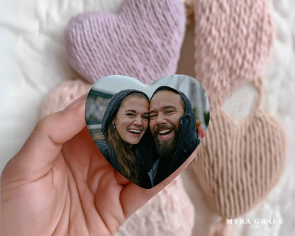 Heart-shaped custom couples ceramic photo magnet on fridge – handmade personalized gift or Christmas fridge magnet. 