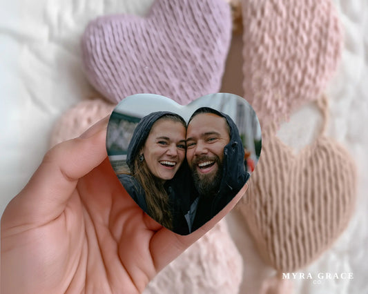 Heart-shaped custom couples ceramic photo magnet on fridge – handmade personalized gift or Christmas fridge magnet. 