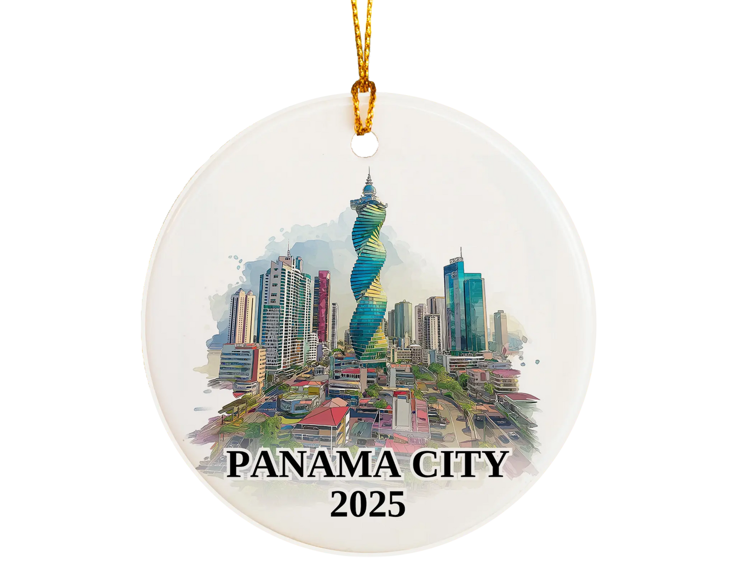 Custom Panama City ceramic photo ornament with personalized message – handmade Christmas bauble, gift souvenir, or vacation keepsake. 