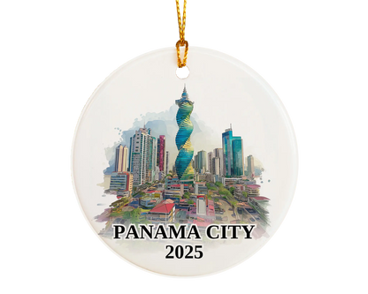 Custom Panama City ceramic photo ornament with personalized message – handmade Christmas bauble, gift souvenir, or vacation keepsake. 