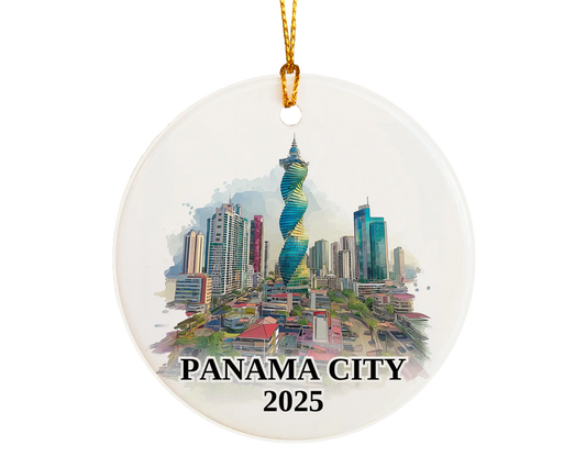 Custom Panama City ceramic photo ornament with personalized message – handmade Christmas bauble, gift souvenir, or vacation keepsake. 