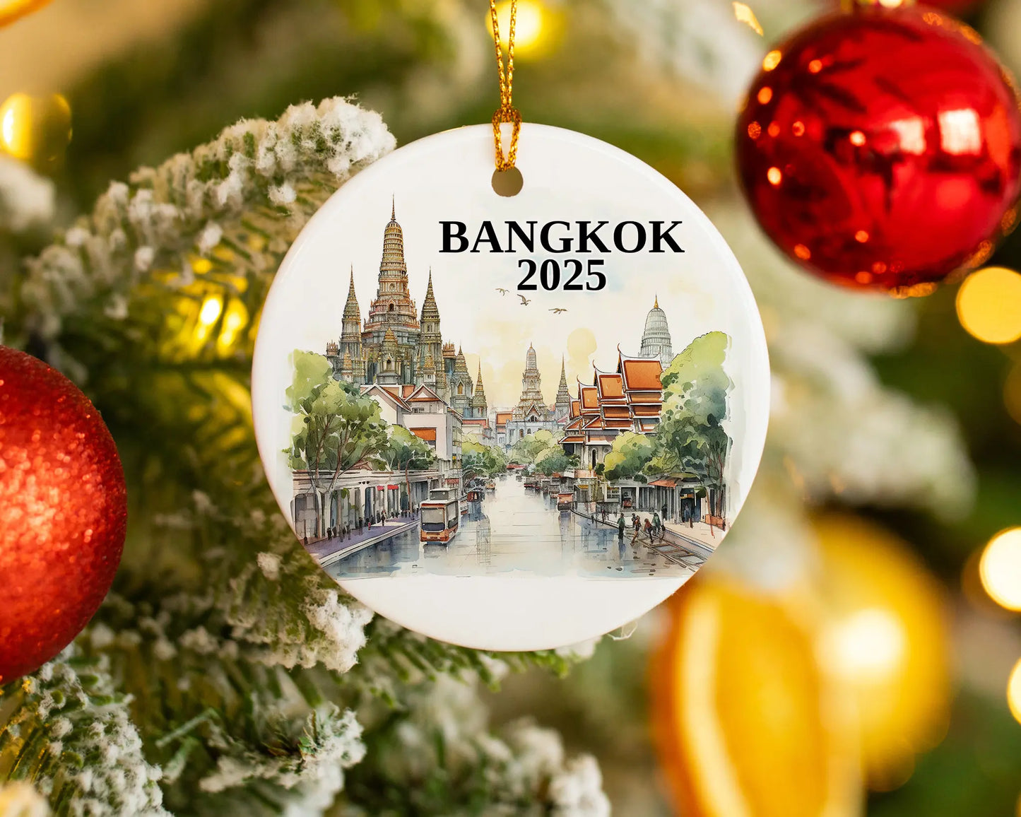 Custom Bangkok, Thailand ceramic photo ornament with personalized message – handmade Christmas bauble, gift souvenir, or vacation keepsake.