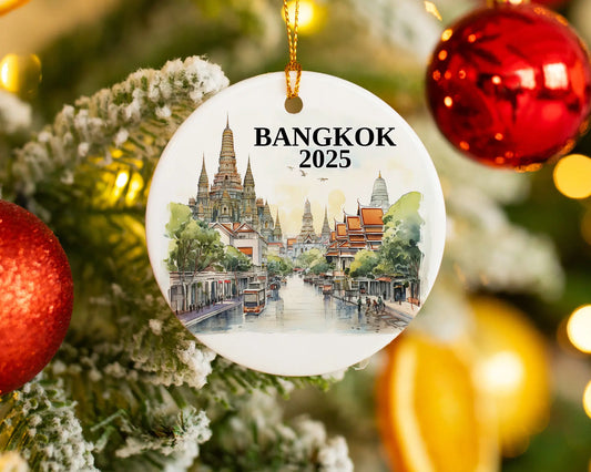Custom Bangkok, Thailand ceramic photo ornament with personalized message – handmade Christmas bauble, gift souvenir, or vacation keepsake.