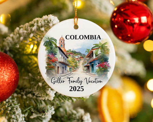 Custom vacation Colombia ceramic photo ornament with personalized message – handmade Christmas bauble, gift souvenir, or vacation keepsake. 