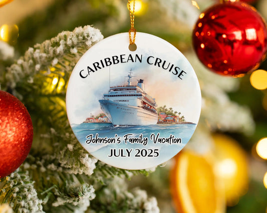 Handmade ceramic Caribbean cruise ornament with personalized location and photo – custom Christmas bauble or cruise vacation souvenir.