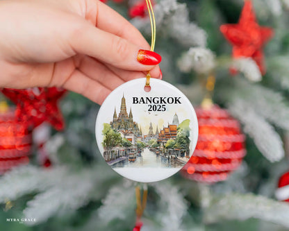 Custom Bangkok, Thailand ceramic photo ornament with personalized message – handmade Christmas bauble, gift souvenir, or vacation keepsake.