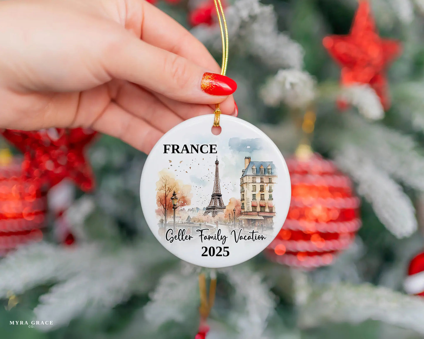 Custom vacation Paris France ceramic photo ornament with personalized message – handmade Christmas bauble, gift souvenir, or vacation keepsake. 