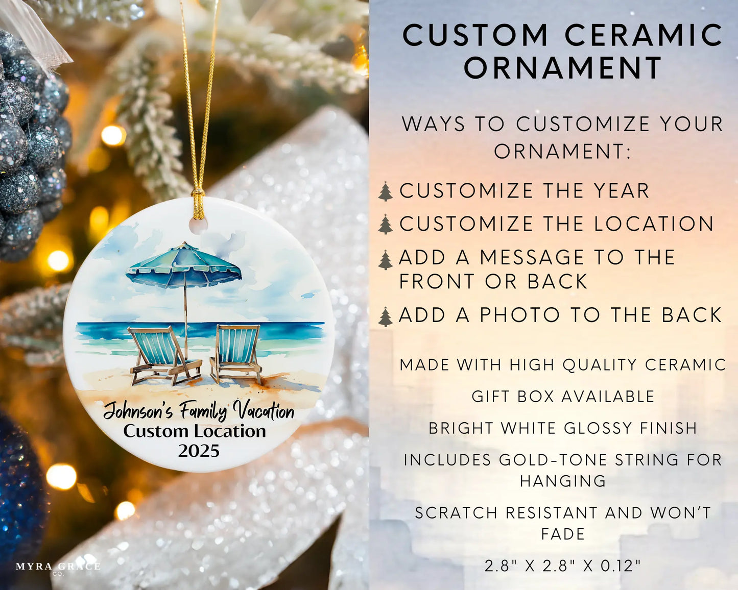 Custom vacation ceramic photo ornament with personalized message – handmade Christmas bauble, gift souvenir, or vacation keepsake. Infographic