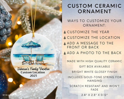 Custom vacation ceramic photo ornament with personalized message – handmade Christmas bauble, gift souvenir, or vacation keepsake. Infographic