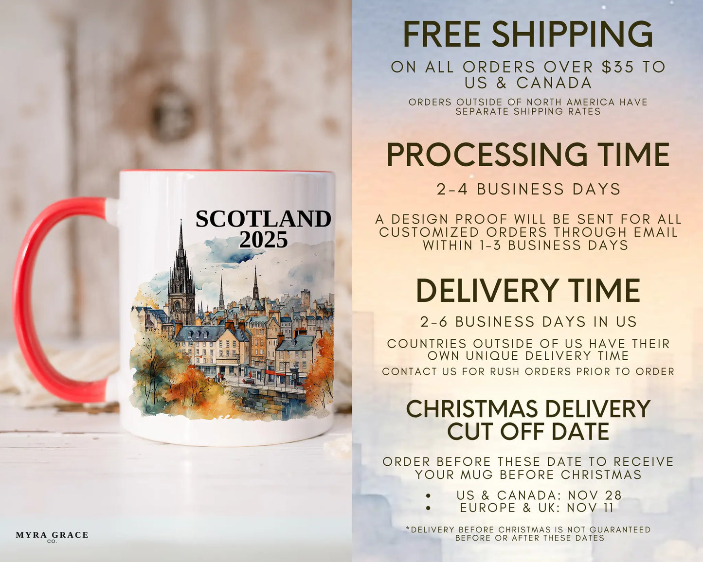 Custom ceramic Edinburgh Scotland vacation mug with watercolor location design, date, and personal photo – personalized travel gift or photo mug. Free shipping