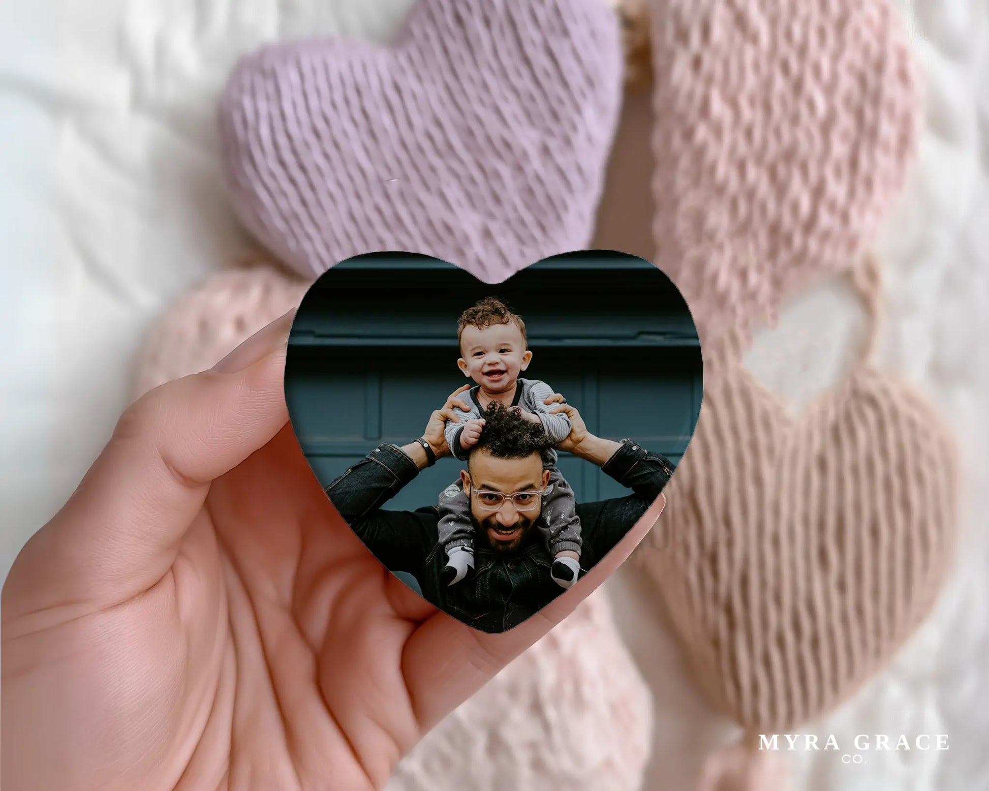Heart-shaped custom new dad ceramic photo magnet on fridge – handmade personalized gift or Christmas fridge magnet. 