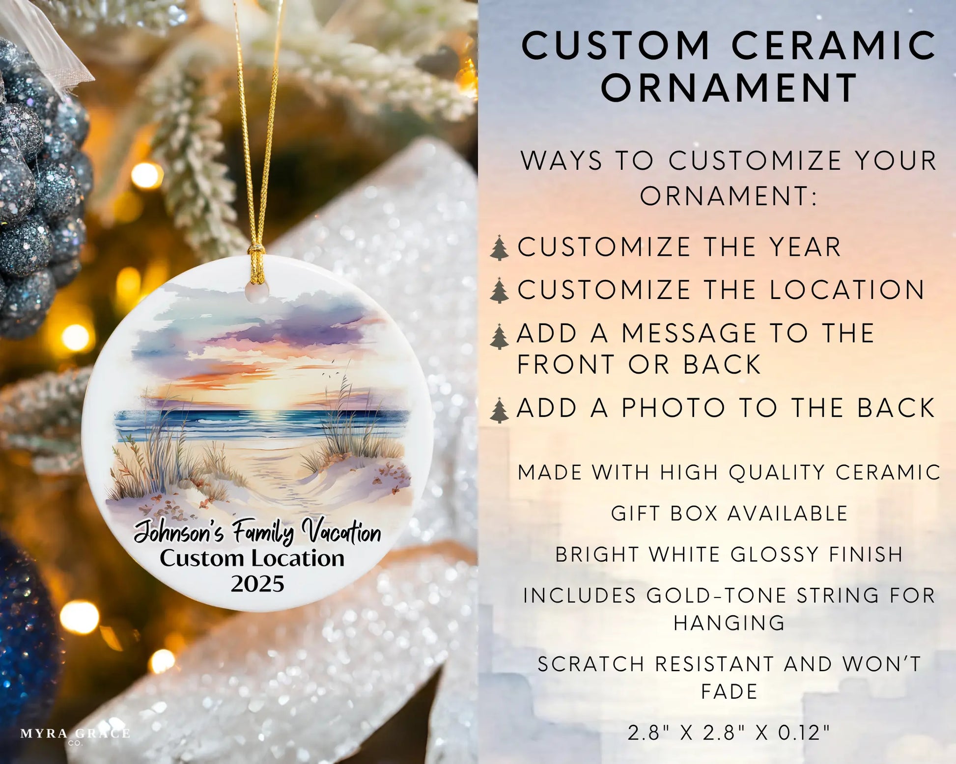Custom vacation ceramic photo ornament with personalized message – handmade Christmas bauble, gift souvenir, or vacation keepsake. Infographic
