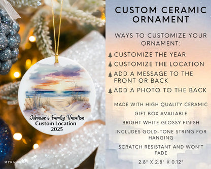 Custom vacation ceramic photo ornament with personalized message – handmade Christmas bauble, gift souvenir, or vacation keepsake. Infographic