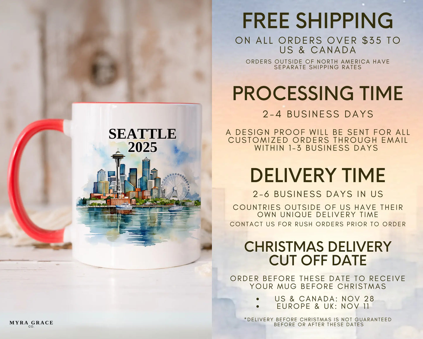 Custom ceramic Seattle vacation mug with watercolor location design, date, and personal photo – personalized travel gift or photo mug. Free shipping