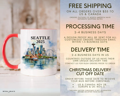 Custom ceramic Seattle vacation mug with watercolor location design, date, and personal photo – personalized travel gift or photo mug. Free shipping