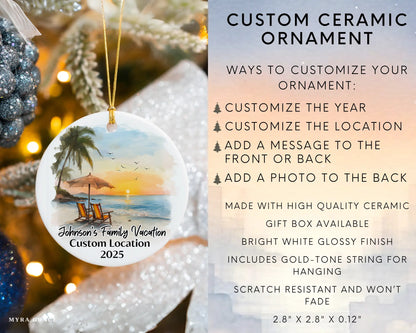 Custom vacation ceramic photo ornament with personalized message – handmade Christmas bauble, gift souvenir, or vacation keepsake. Infographic