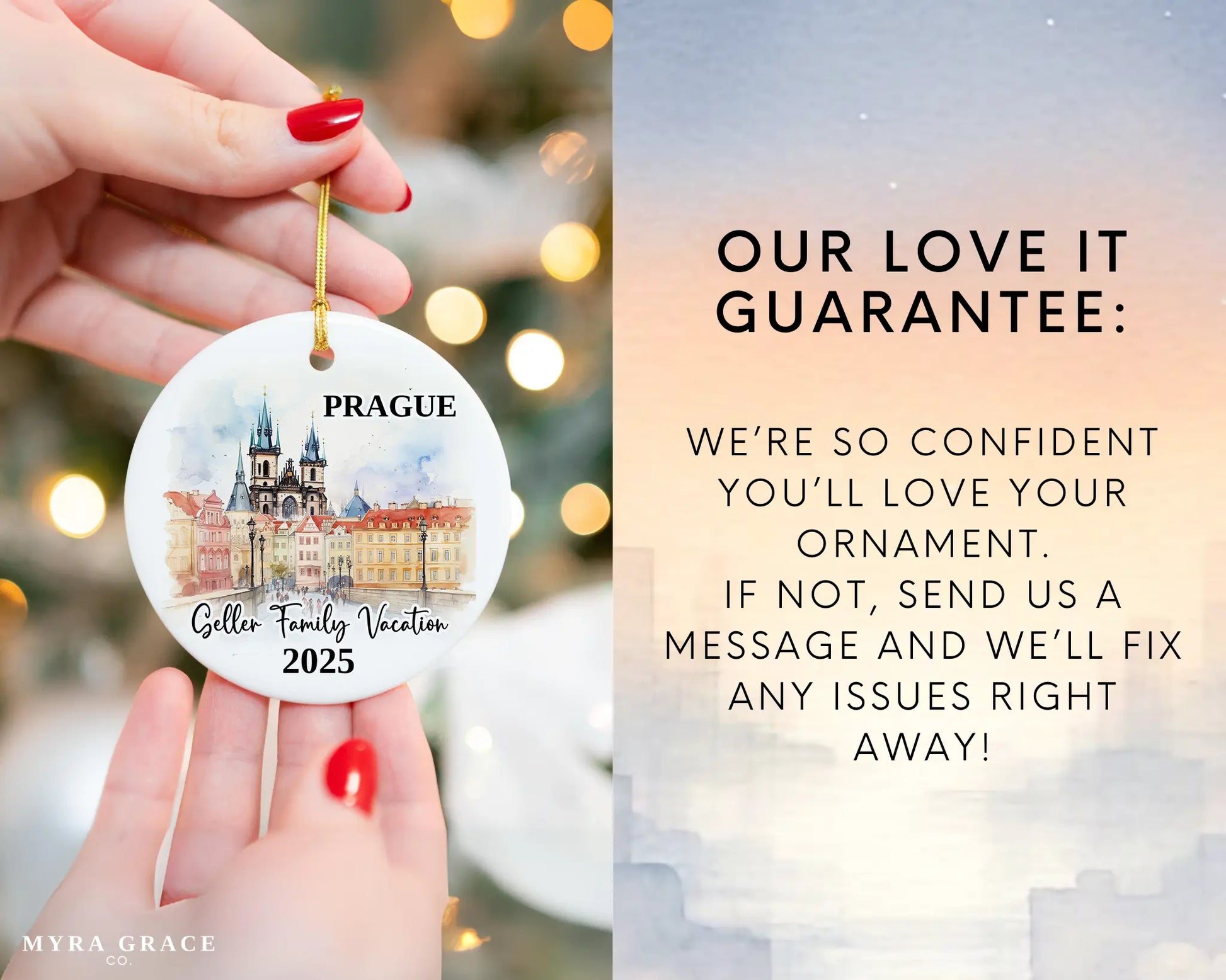 Custom vacation Prague ceramic photo ornament with personalized message – handmade Christmas bauble, gift souvenir, or vacation keepsake. Love it guarantee