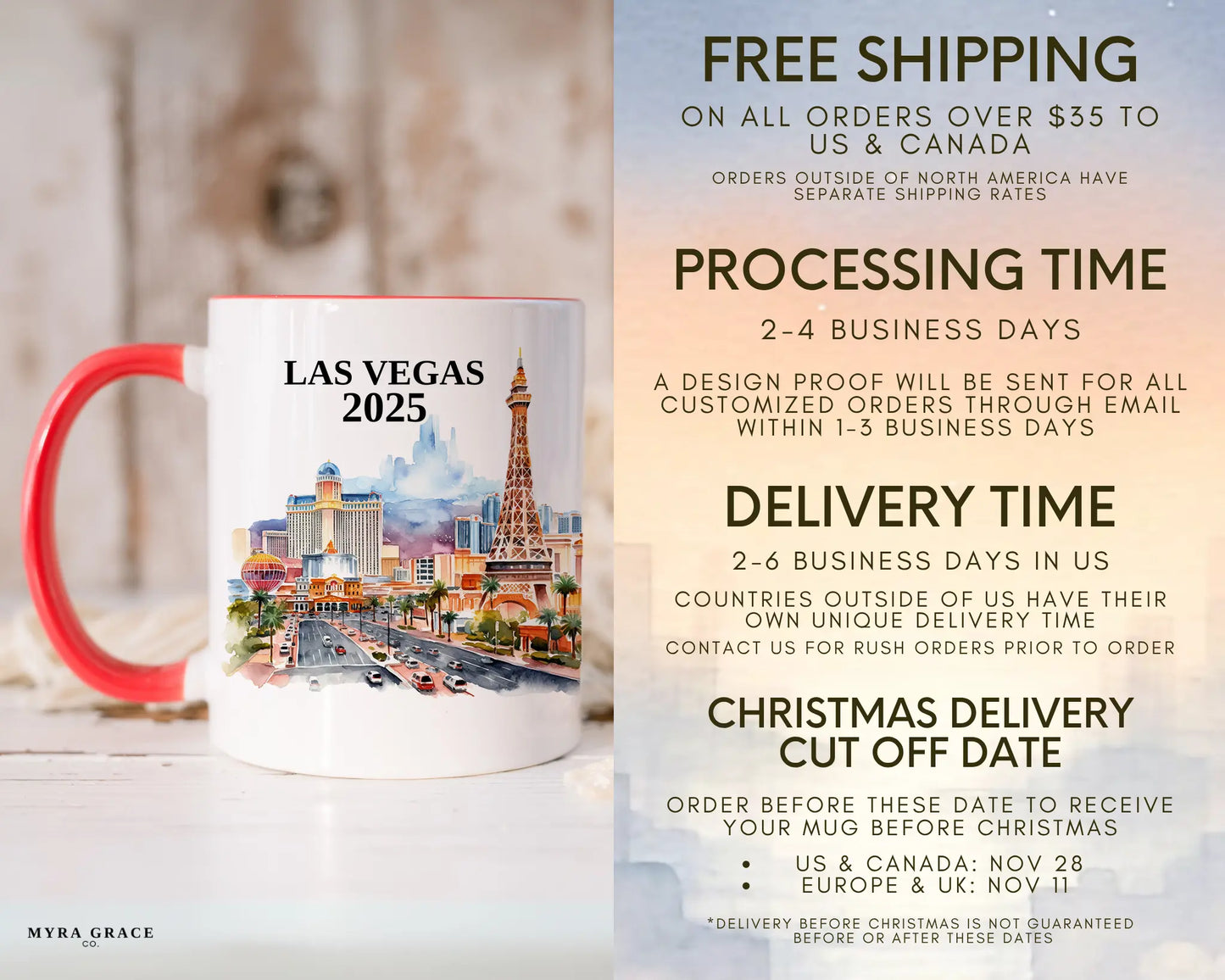 Custom ceramic Las Vegas vacation mug with watercolor location design, date, and personal photo – personalized travel gift or photo mug. Free shipping