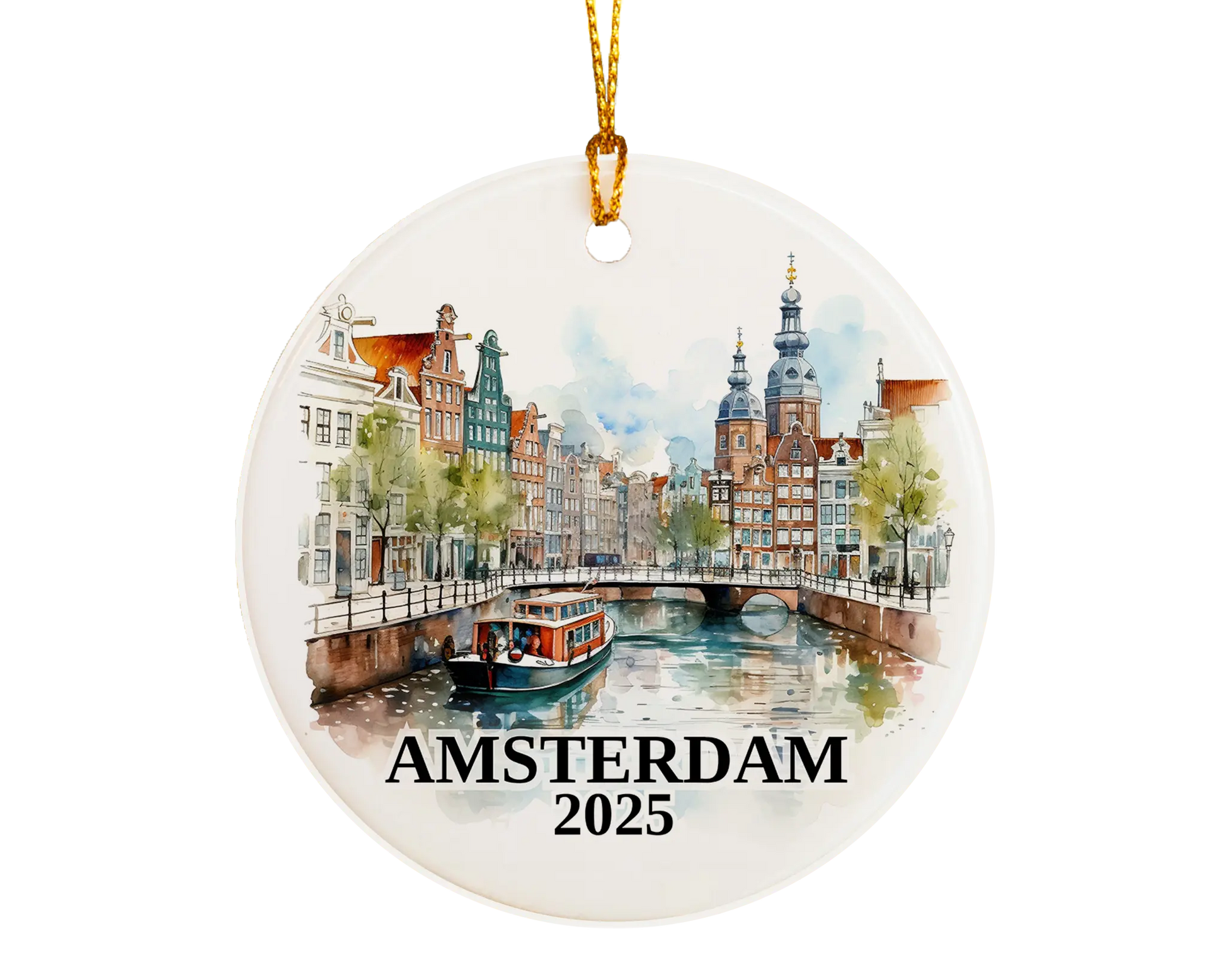 Custom Amsterdam, Netherlands ceramic photo ornament with personalized message – handmade Christmas bauble, gift souvenir, or vacation keepsake. 
