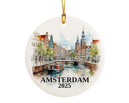 Custom Amsterdam, Netherlands ceramic photo ornament with personalized message – handmade Christmas bauble, gift souvenir, or vacation keepsake. 
