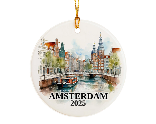 Custom Amsterdam, Netherlands ceramic photo ornament with personalized message – handmade Christmas bauble, gift souvenir, or vacation keepsake. 