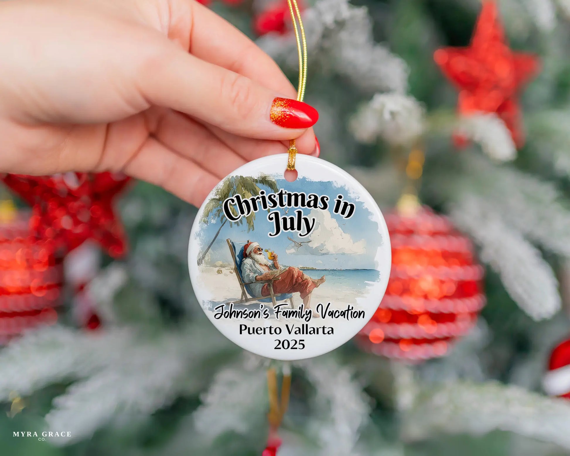 Custom vacation ceramic photo ornament with personalized message – handmade Christmas bauble, gift souvenir, or vacation keepsake. Christmas in July. 