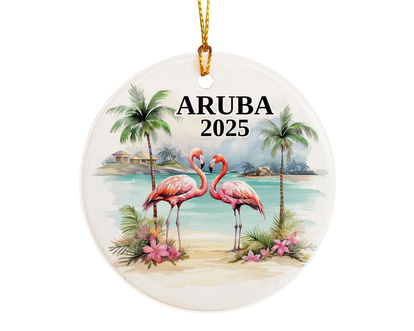 Custom Aruba ceramic photo ornament with personalized message – handmade Christmas bauble, gift souvenir, or vacation keepsake.
