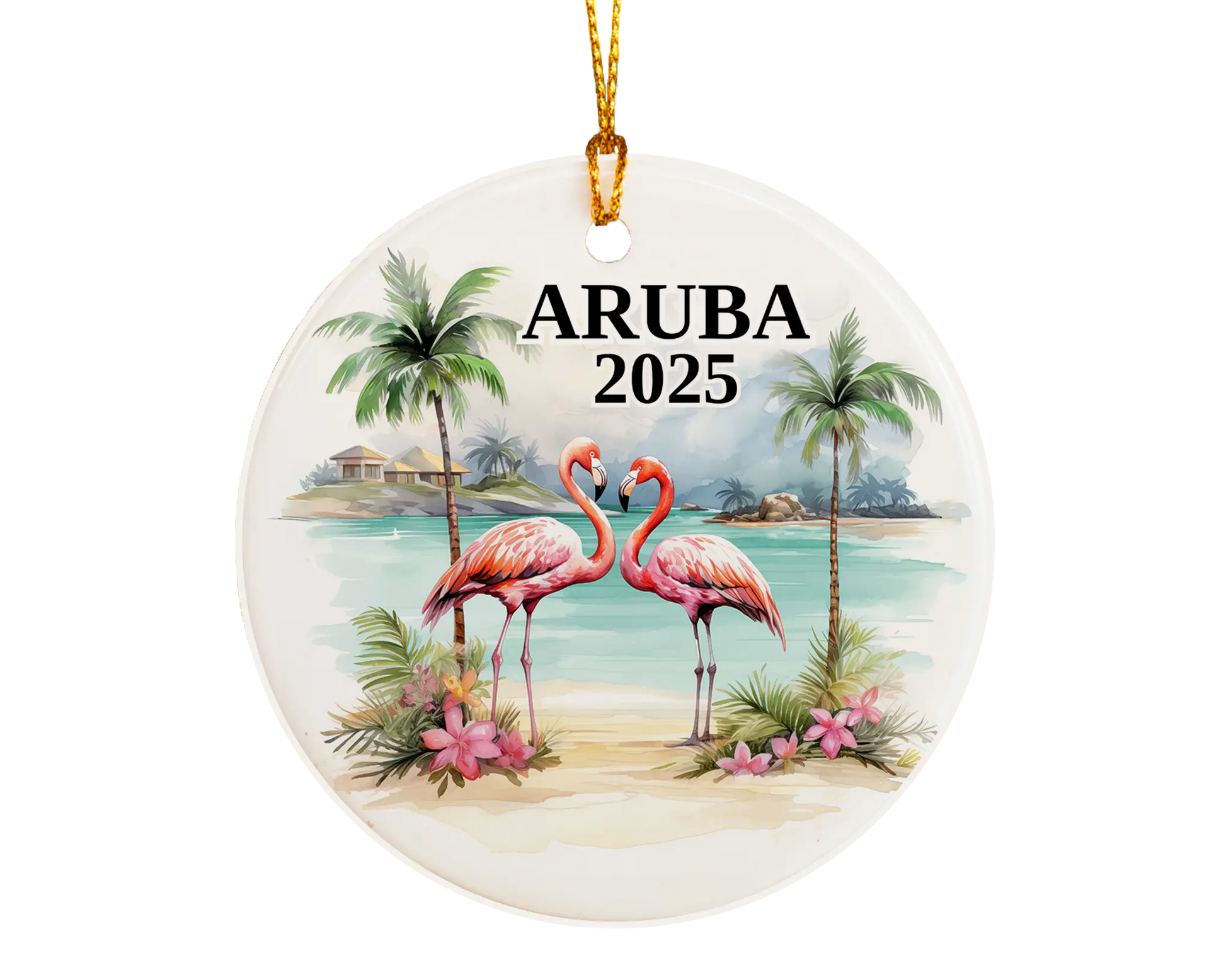 Custom Aruba ceramic photo ornament with personalized message – handmade Christmas bauble, gift souvenir, or vacation keepsake.