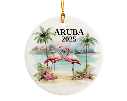 Custom Aruba ceramic photo ornament with personalized message – handmade Christmas bauble, gift souvenir, or vacation keepsake.