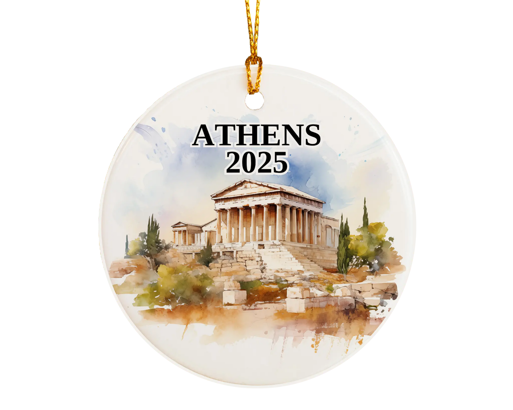 Custom Athens, Greece ceramic photo ornament with personalized message – handmade Christmas bauble, gift souvenir, or vacation keepsake.