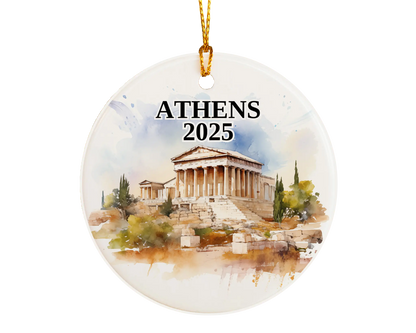 Custom Athens, Greece ceramic photo ornament with personalized message – handmade Christmas bauble, gift souvenir, or vacation keepsake.