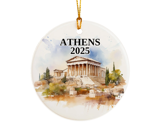 Custom Athens, Greece ceramic photo ornament with personalized message – handmade Christmas bauble, gift souvenir, or vacation keepsake.