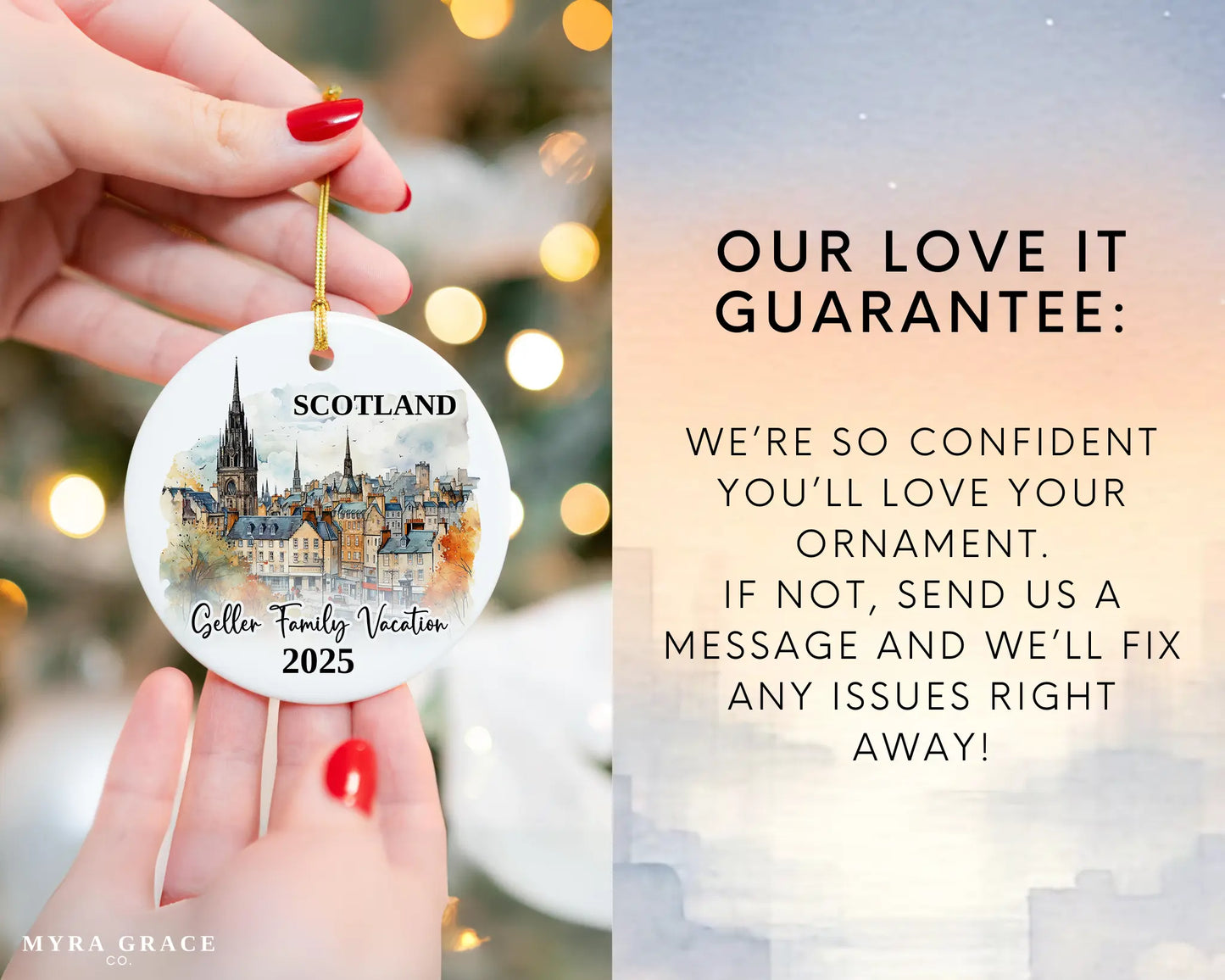 Custom vacation Scotland Edinburgh ceramic photo ornament with personalized message – handmade Christmas bauble, gift souvenir, or vacation keepsake. Love it guarantee
