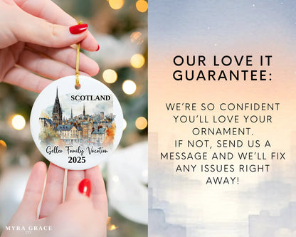 Custom vacation Scotland Edinburgh ceramic photo ornament with personalized message – handmade Christmas bauble, gift souvenir, or vacation keepsake. Love it guarantee