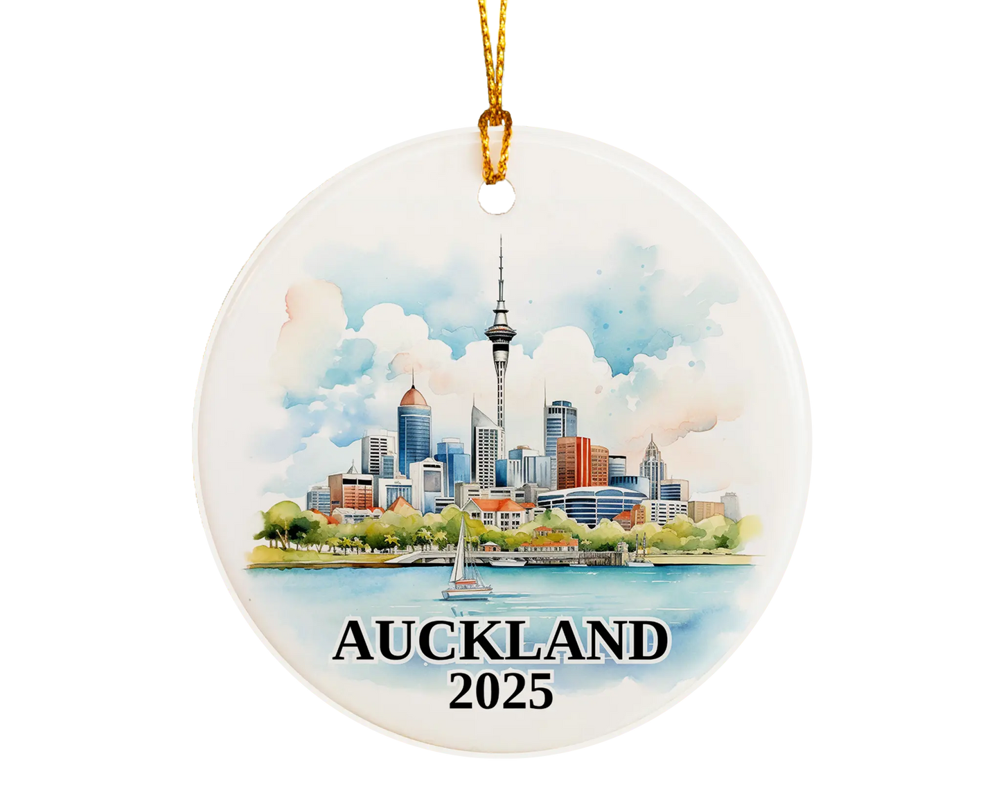 Custom Auckland, New Zealand ceramic photo ornament with personalized message – handmade Christmas bauble, gift souvenir, or vacation keepsake.