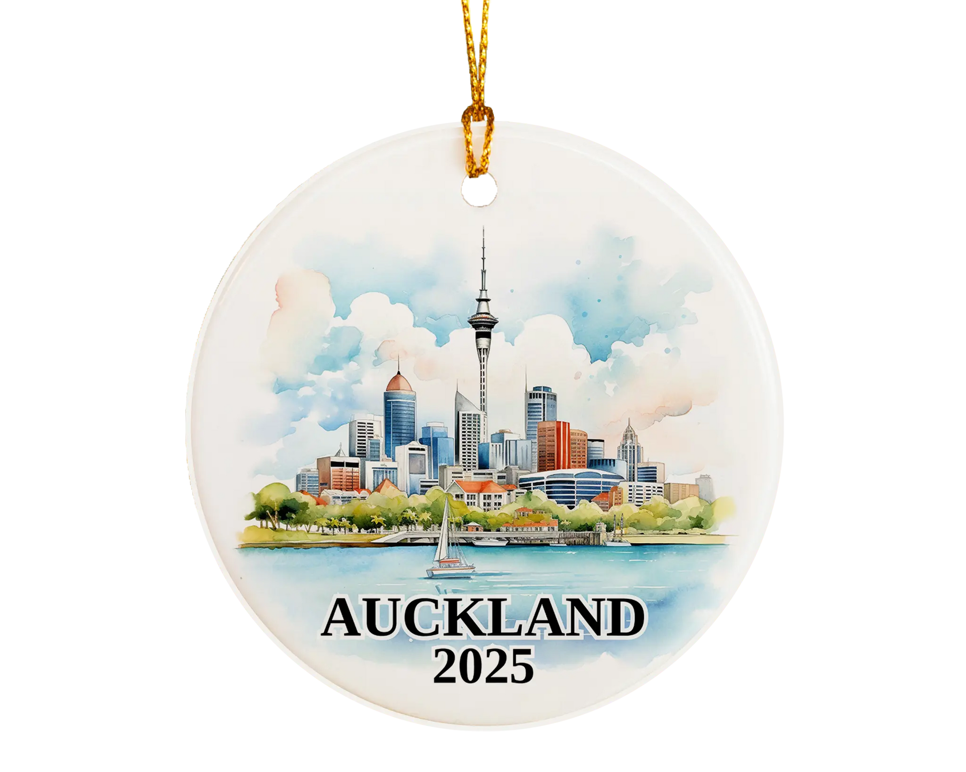 Custom Auckland, New Zealand ceramic photo ornament with personalized message – handmade Christmas bauble, gift souvenir, or vacation keepsake.