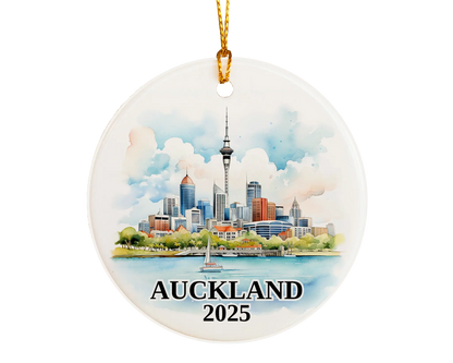 Custom Auckland, New Zealand ceramic photo ornament with personalized message – handmade Christmas bauble, gift souvenir, or vacation keepsake.