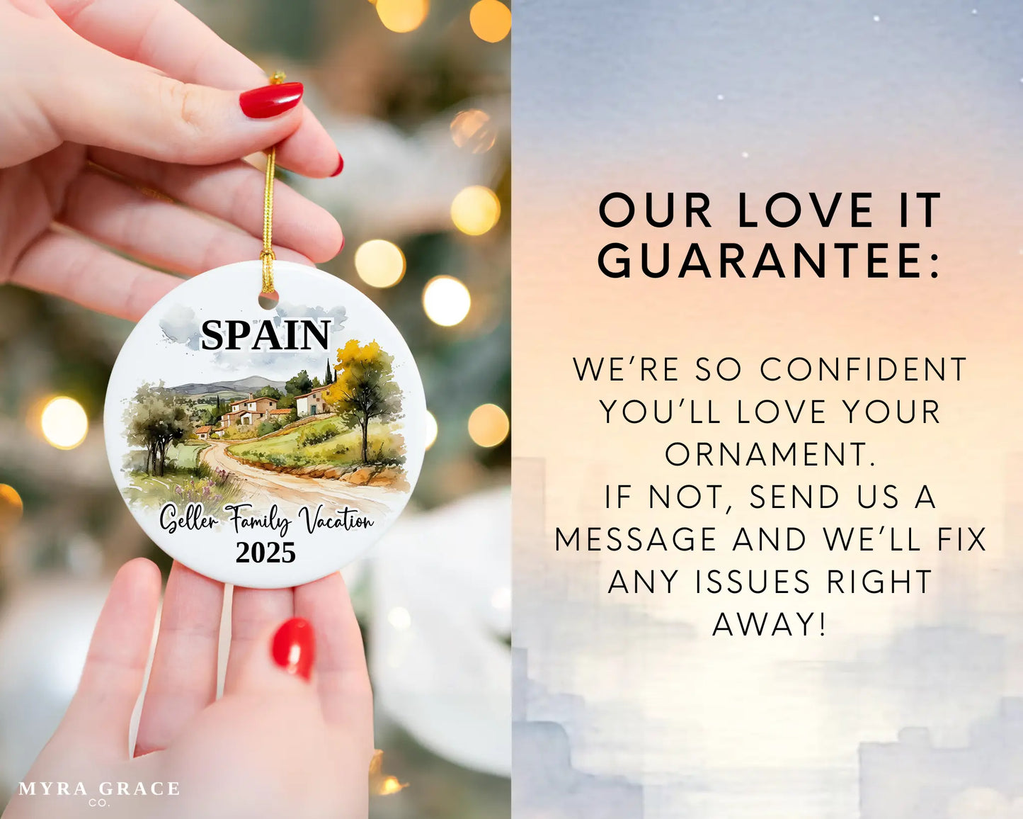 Custom vacation Spain ceramic photo ornament with personalized message – handmade Christmas bauble, gift souvenir, or vacation keepsake. Love it guarantee