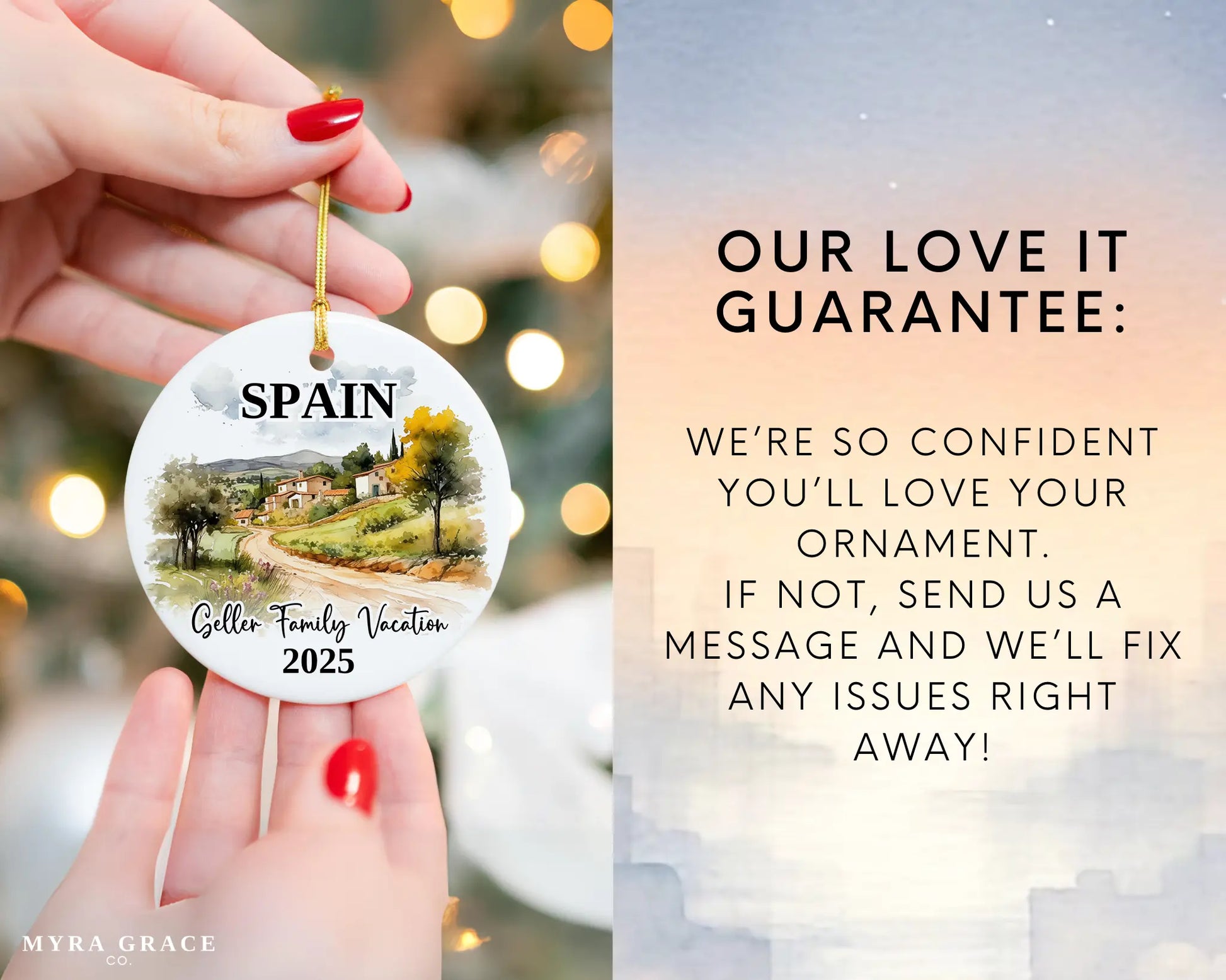 Custom vacation Spain ceramic photo ornament with personalized message – handmade Christmas bauble, gift souvenir, or vacation keepsake. Love it guarantee