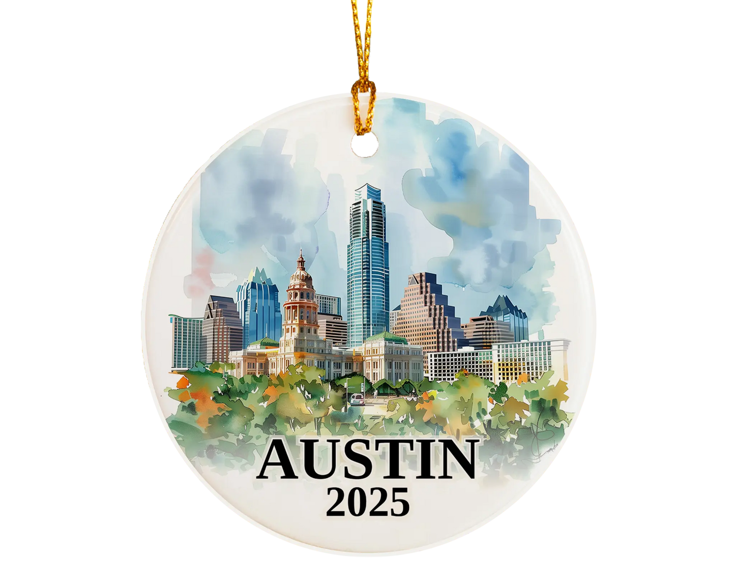 Custom Austin, Texas ceramic photo ornament with personalized message – handmade Christmas bauble, gift souvenir, or vacation keepsake.