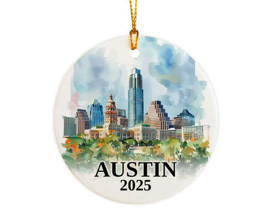 Custom Austin, Texas ceramic photo ornament with personalized message – handmade Christmas bauble, gift souvenir, or vacation keepsake.