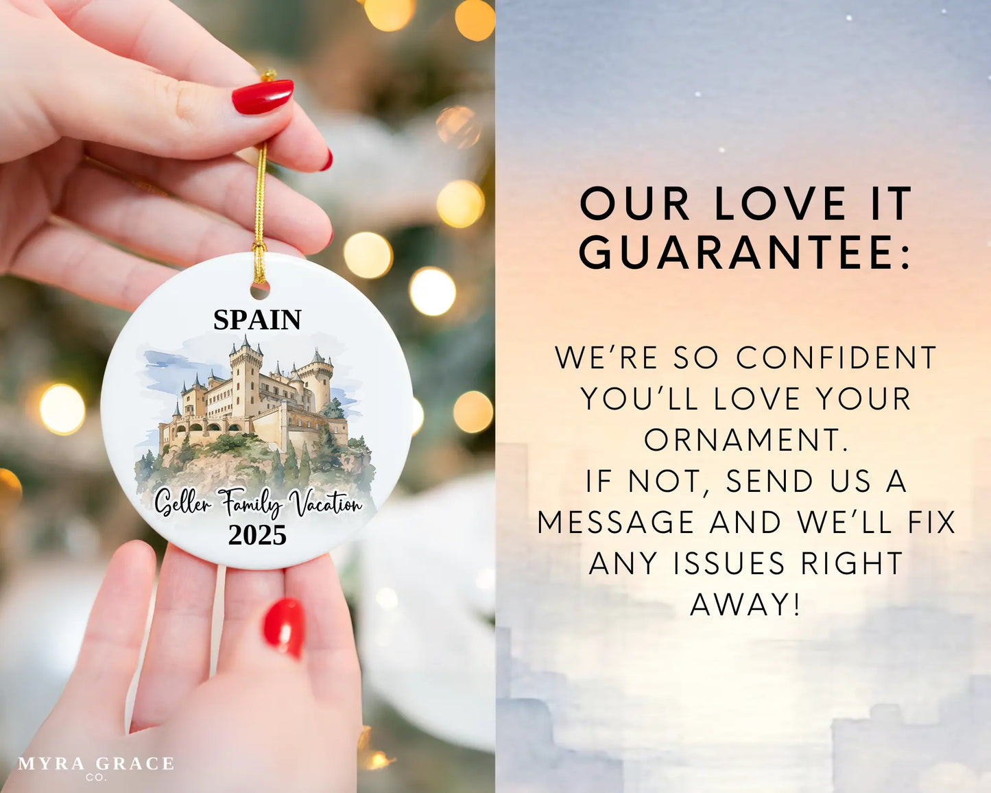 Custom vacation Spain ceramic photo ornament with personalized message – handmade Christmas bauble, gift souvenir, or vacation keepsake. Love it guarantee